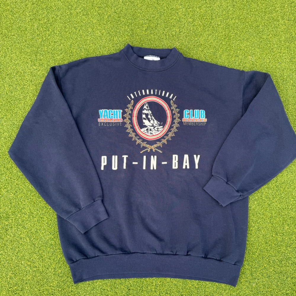 Vintage Velva Sheen Put-In-Bay Yacht Club Sweatshirt Adult L Navy Made in USA